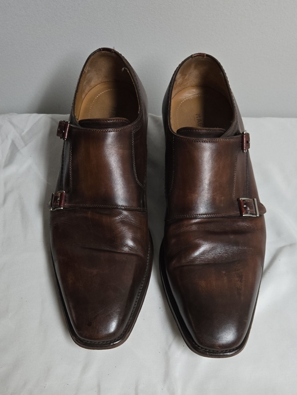 Men's Magnanni Double Monk Strap Dress Shoes In Dark Brown Leather Size 10